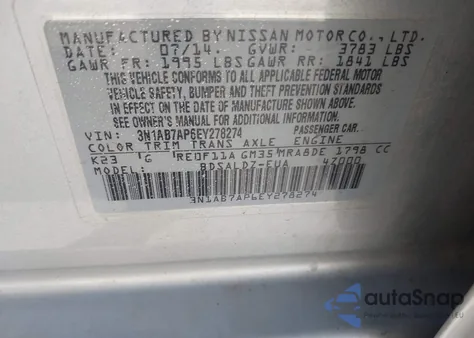 2014 Nissan Sentra Sv из США, поврежденный, VIN 3N1AB7AP6EY278274